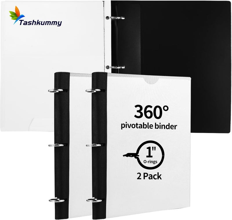 Tashkummy 360° Pivotable 3 Ring Binder, Upgraded Foldable Binders 1 inch 2 Pack, Thin Small Three Ring Binder Fits 8.5" x 11", for Home, School and Office Binders Supplies - White - Image 1